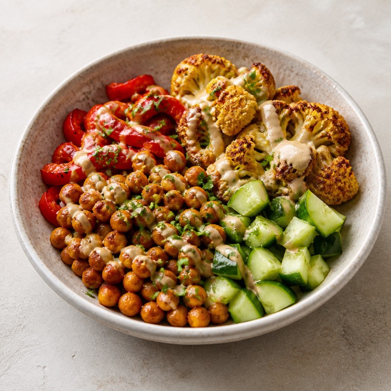 Harissa chickpea bowl with roasted vegetables